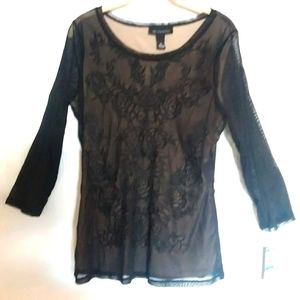 NEW INC top in black with beige liner, sheer sleeves. Size Xlarge.